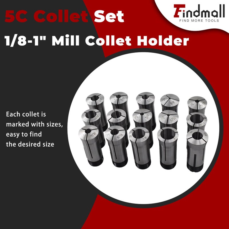 findmall 15Pcs 5C Collet Set 1/8-1" Mill Collet Holder Fit for CNC Engraving Machine - Image 2